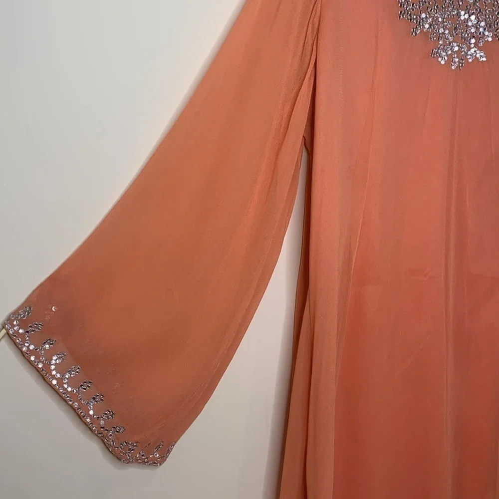 Adrienne Landau | Vintage Peach Sequin Lined Sheer Bell Sleeve Kaftan Dress S/M